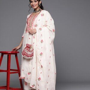 Shivansh Creations Off White, Pink & Green Embroidered Cotton Kurta Set, S-2XL